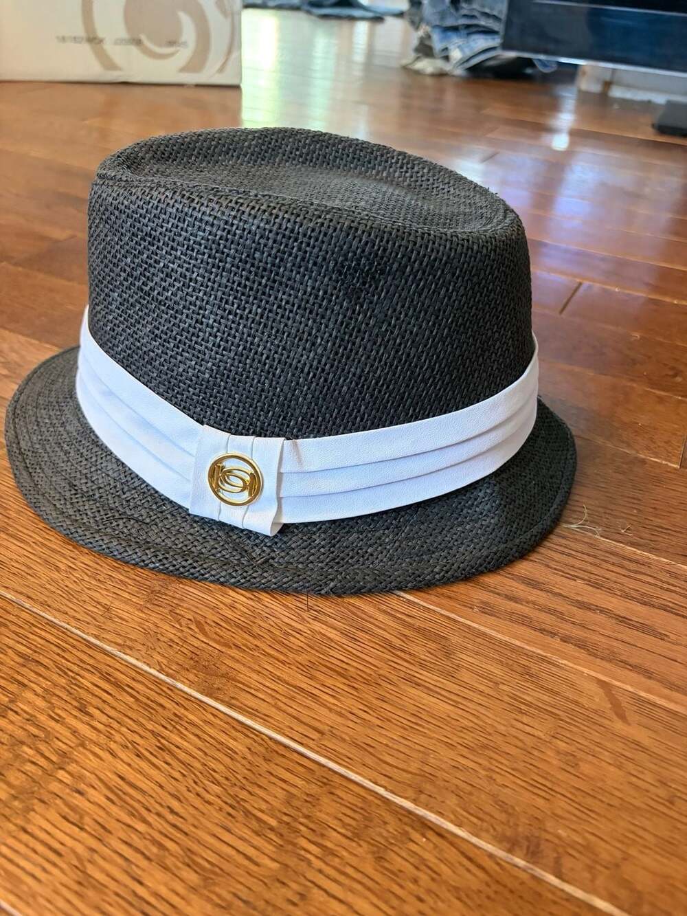 Bebe Black Straw Fedora Hat OS White Band Gold Logo